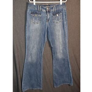 Aeropostale Women's 10 Reg Low Rise Flare Distressed Denim Jeans Front Flap